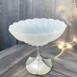 Vintage 1960s White Milk Glass Dish Bowl Compote Candy Dish With Metal Stand VTG